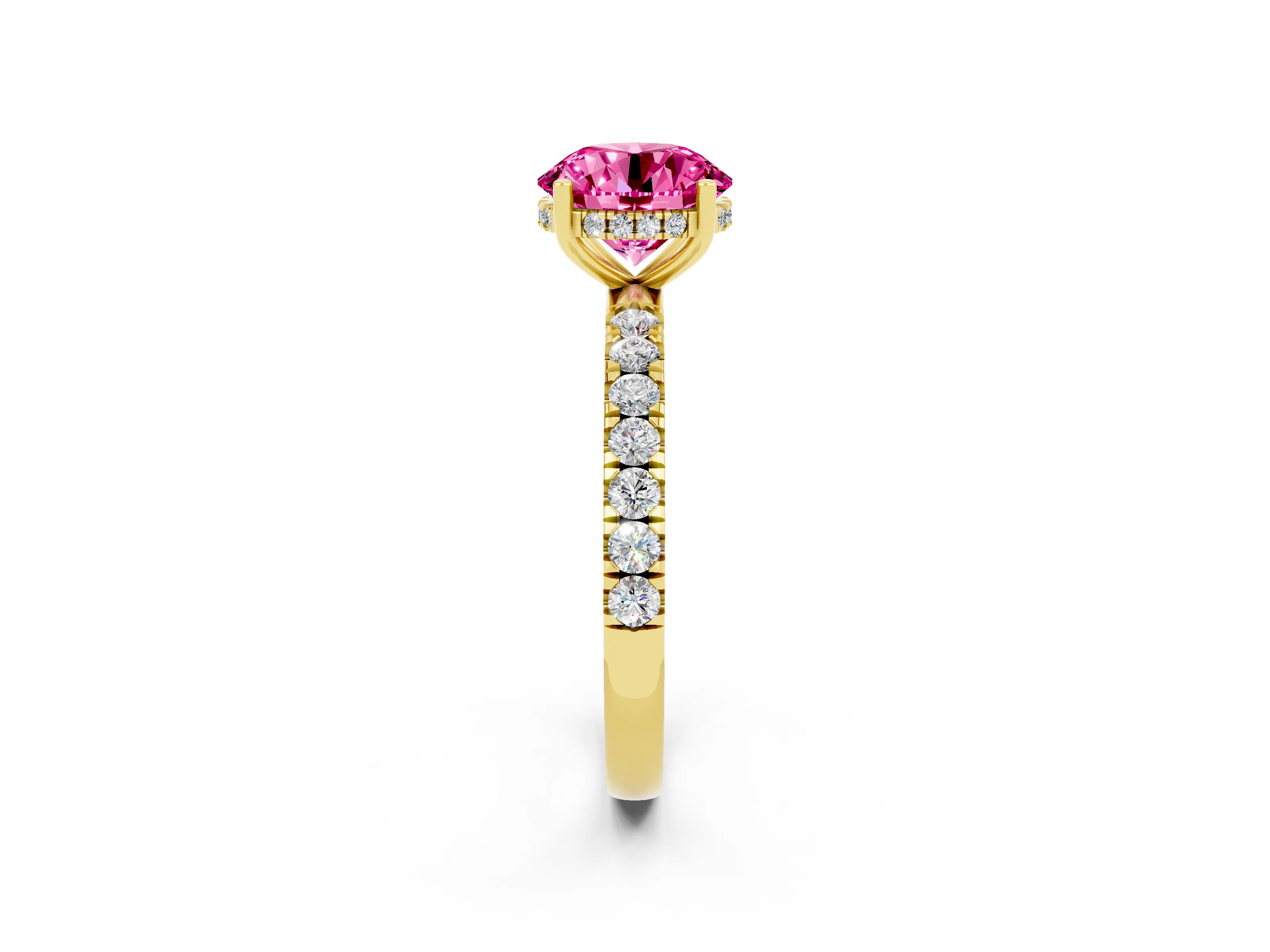 Yellow gold Round Cut Pink Sapphire Pave Band Solitaire Ring with Four-Prong Setting_62