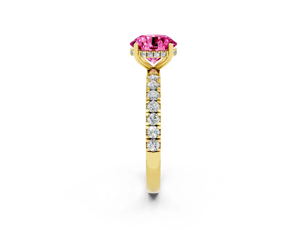 Yellow gold Round Cut Pink Sapphire Pave Band Solitaire Ring with Round  and Prong Setting
