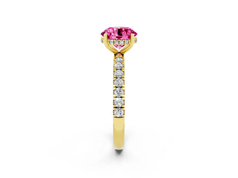 Yellow gold Round Cut Pink Sapphire Pave Band Solitaire Ring with Four-Prong Setting_62
