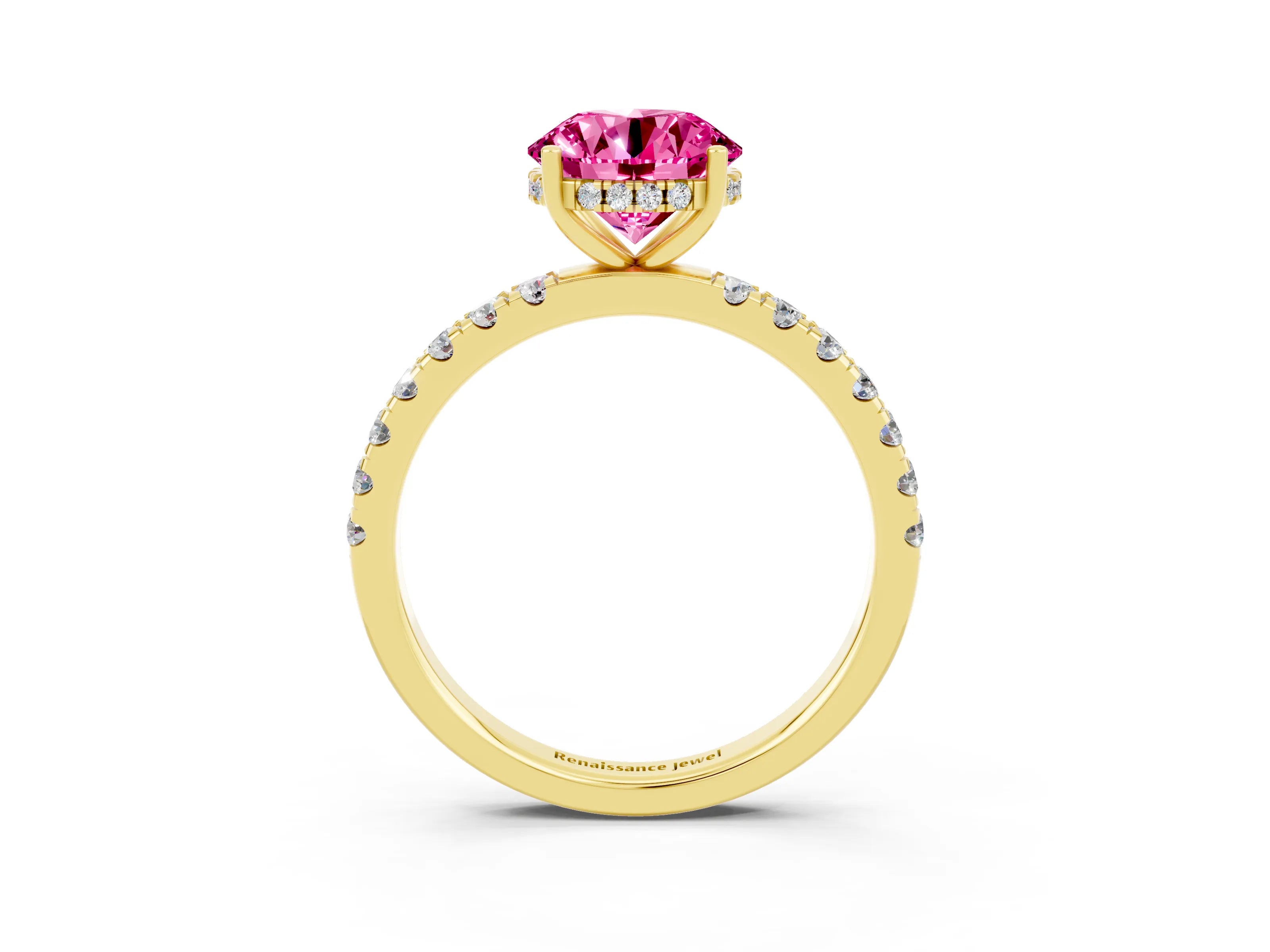 Yellow gold Round Cut Pink Sapphire Pave Band Solitaire Ring with Four-Prong Setting_63