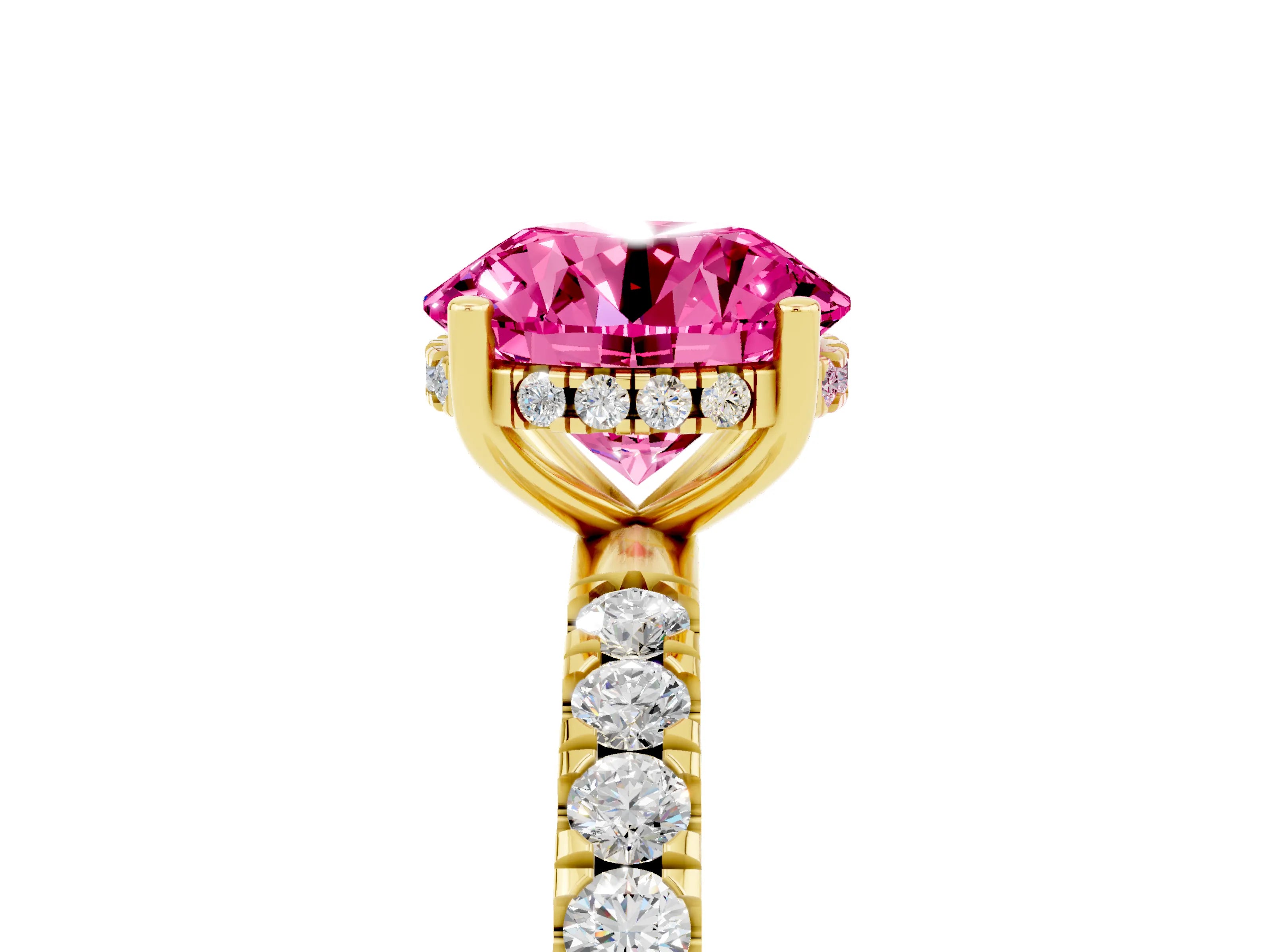 Yellow gold Round Cut Pink Sapphire Pave Band Solitaire Ring with Four-Prong Setting_65