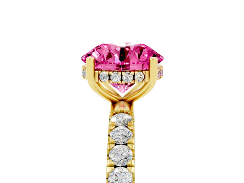 Yellow gold Round Cut Pink Sapphire Pave Band Solitaire Ring with Four-Prong Setting_65