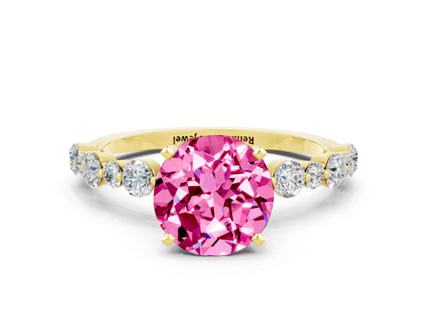 Yellow gold Round Cut Pink Sapphire Prong Set Engagement Ring with Pavé Band_12