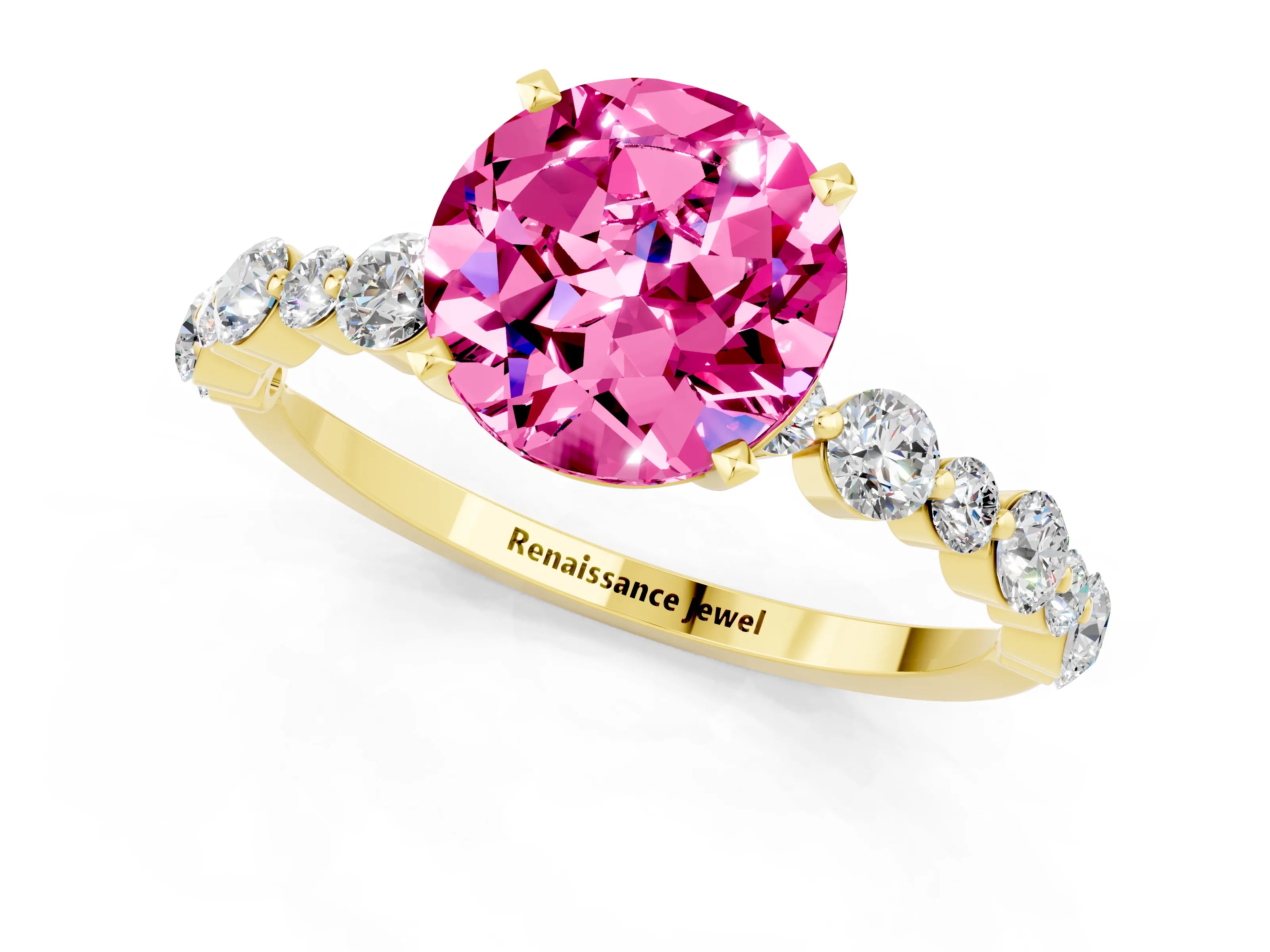 Yellow gold Round Cut Pink Sapphire Prong Set Engagement Ring with Pavé Band_13