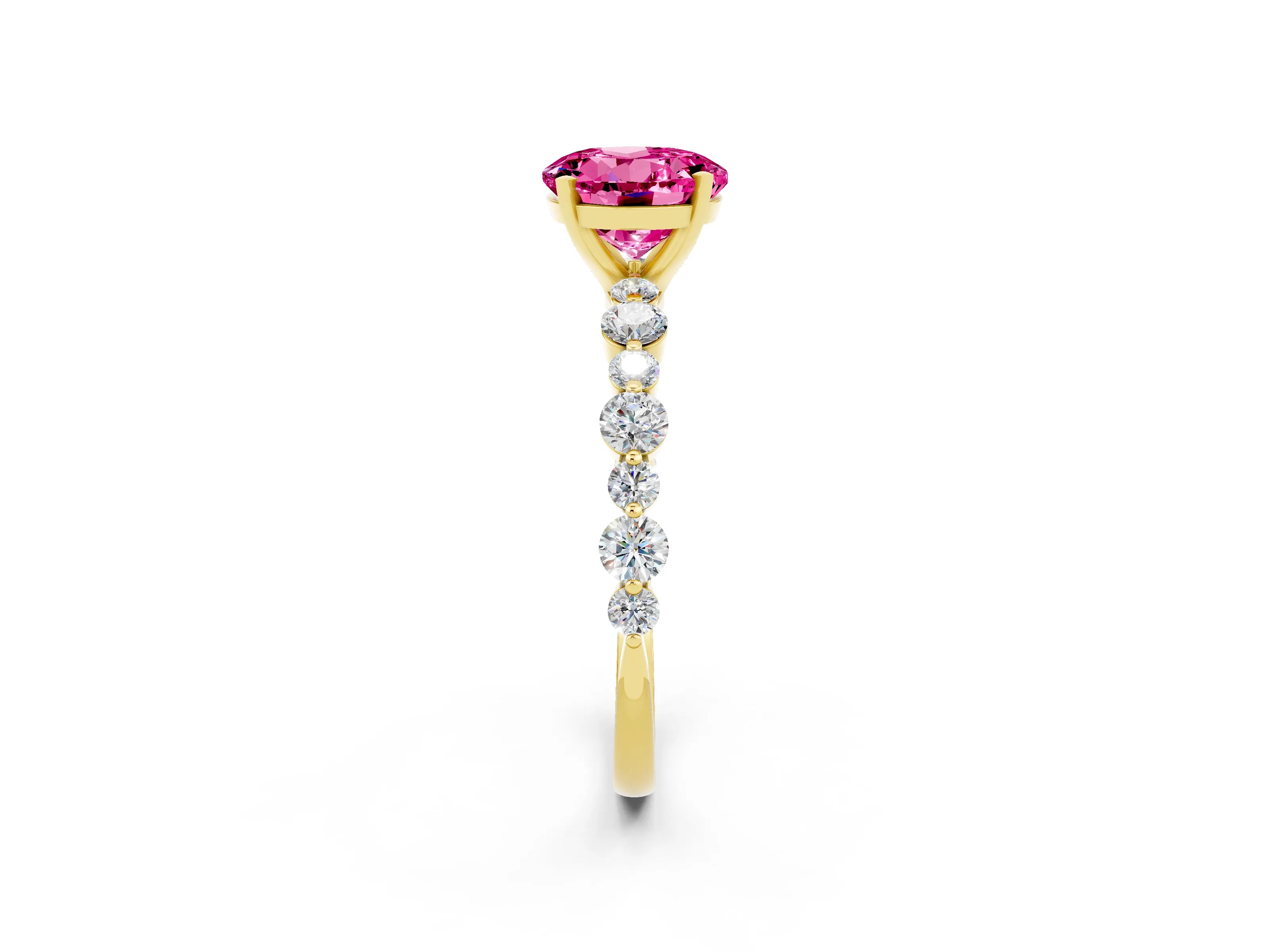 Yellow gold Round Cut Pink Sapphire Prong Set Engagement Ring with Pavé Band_14