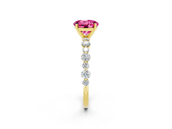 Yellow gold Round Cut Pink Sapphire Prong Set Engagement Ring with Pavé Band