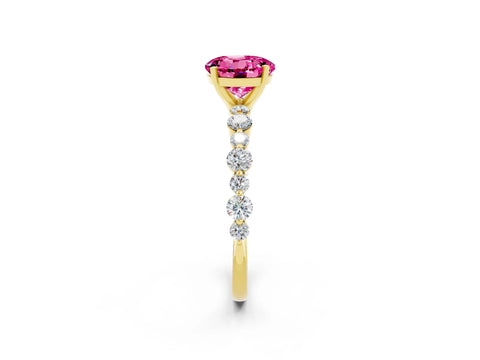 Yellow gold Round Cut Pink Sapphire Prong Set Engagement Ring with Pavé Band_14