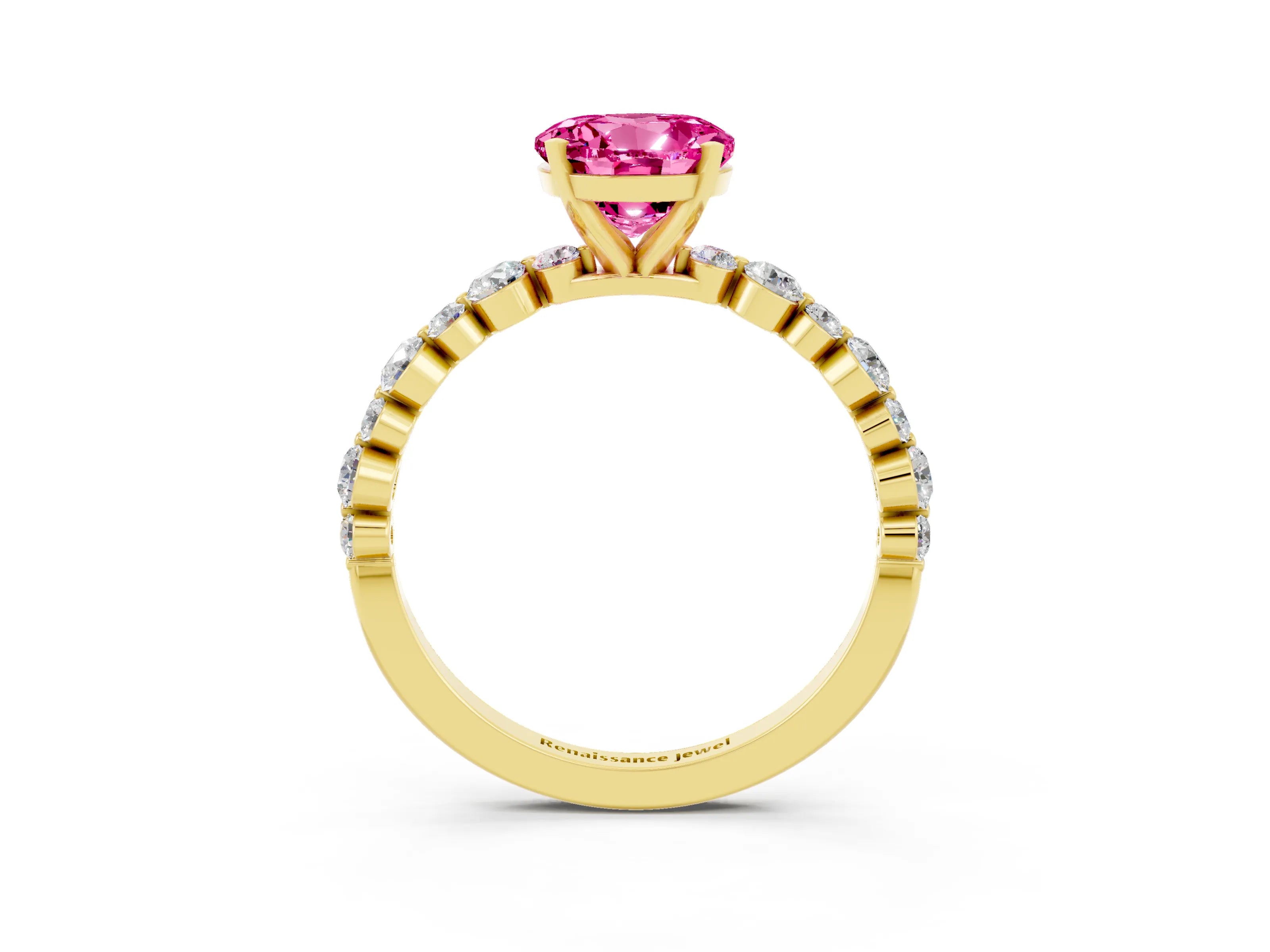 Yellow gold Round Cut Pink Sapphire Prong Set Engagement Ring with Pavé Band_15