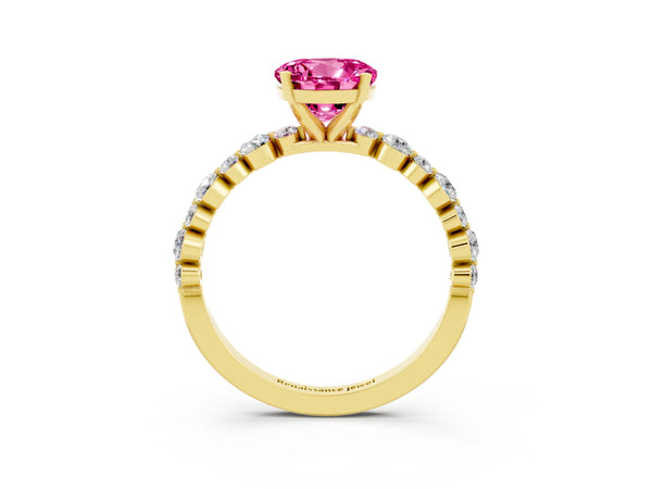 Yellow gold Round Cut Pink Sapphire Prong Set Engagement Ring with Pavé Band