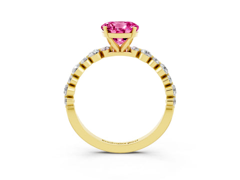 Yellow gold Round Cut Pink Sapphire Prong Set Engagement Ring with Pavé Band_15