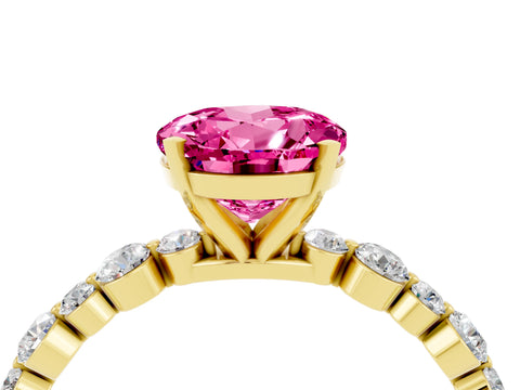 Yellow gold Round Cut Pink Sapphire Prong Set Engagement Ring with Pavé Band_16