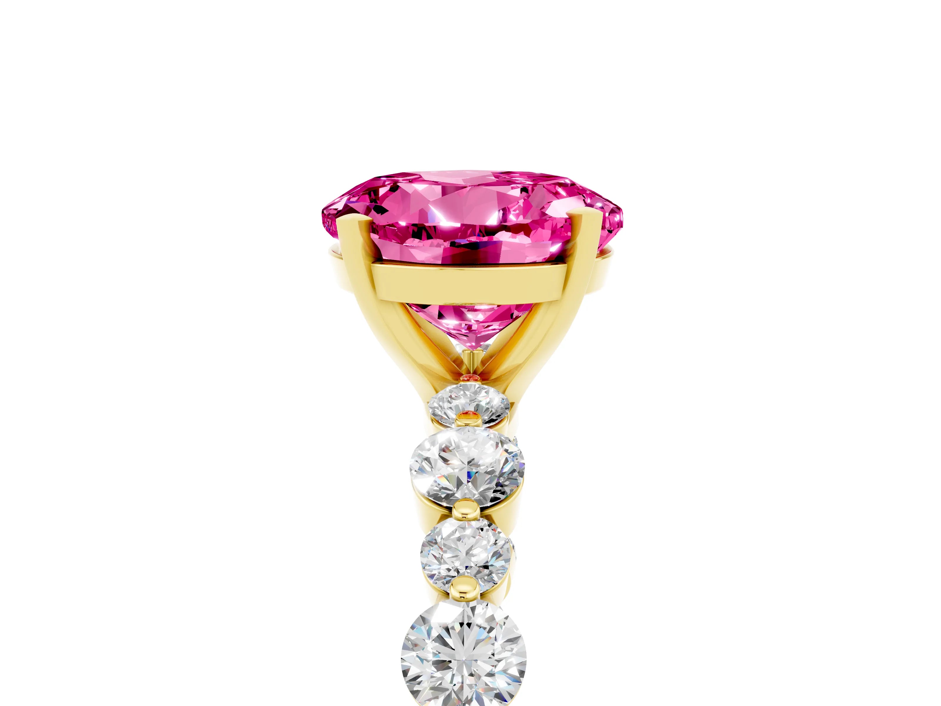 Yellow gold Round Cut Pink Sapphire Prong Set Engagement Ring with Pavé Band_17