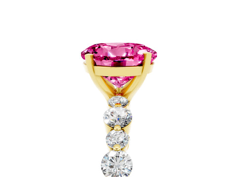 Yellow gold Round Cut Pink Sapphire Prong Set Engagement Ring with Pavé Band_17