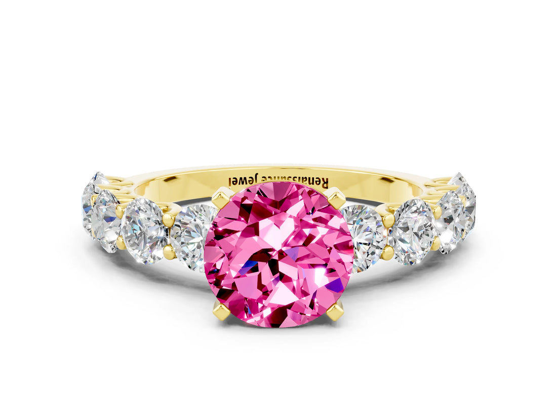 Yellow gold Round Cut Pink Sapphire Prong Setting with Side Stones on a Pave Band_24