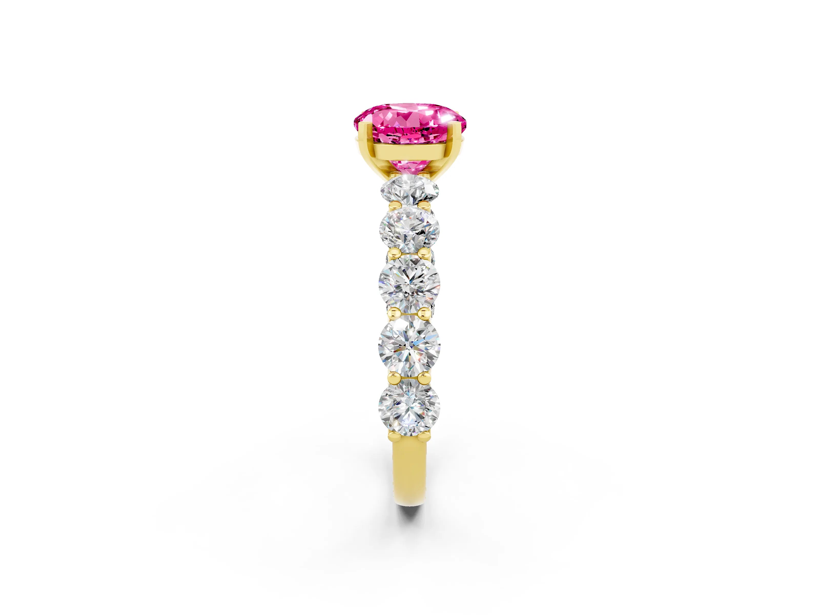 Yellow gold Round Cut Pink Sapphire Prong Setting with Side Stones on a Pave Band_26