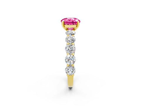 Yellow gold Round Cut Pink Sapphire Prong Setting with Side Stones on a Pave Band_26