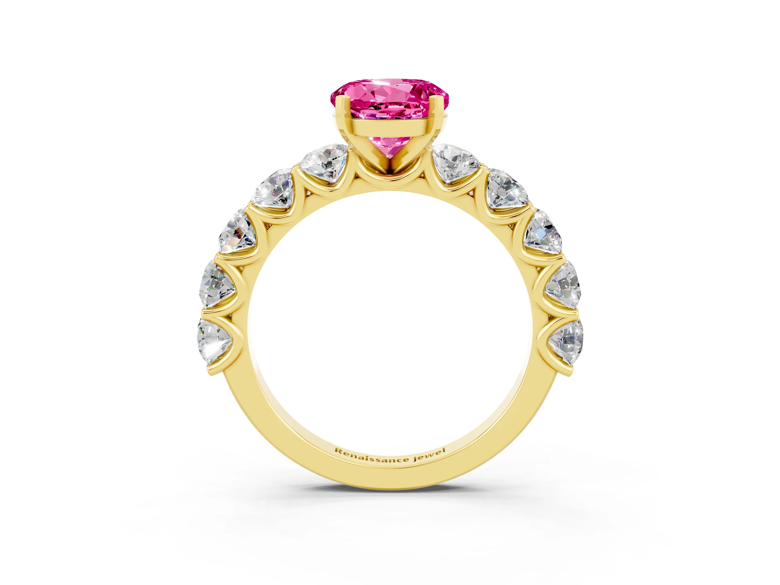 Yellow gold Round Cut Pink Sapphire Prong Setting with Side Stones on a Pave Band_27