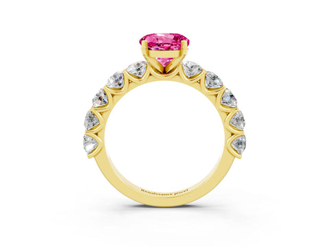 Yellow gold Round Cut Pink Sapphire Prong Setting with Side Stones on a Pave Band_27