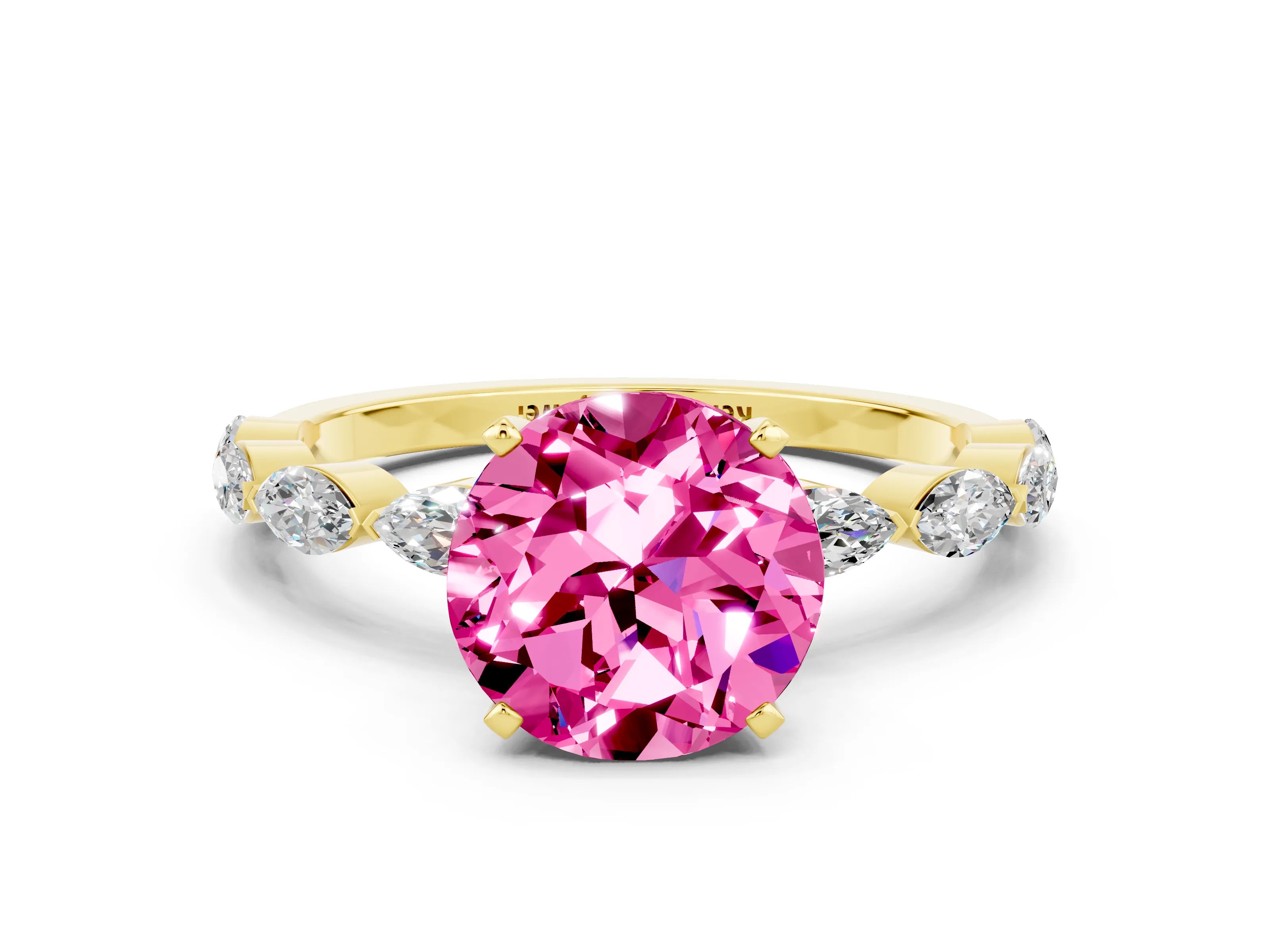 Yellow gold Round Cut Pink Sapphire Ring with Marquise Side Stones and Prong Setting_12
