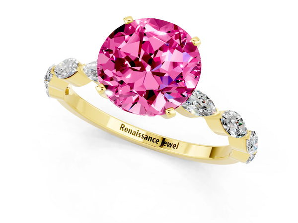 Yellow gold Round Cut Pink Sapphire Ring with Marquise Side Stones and Prong Setting