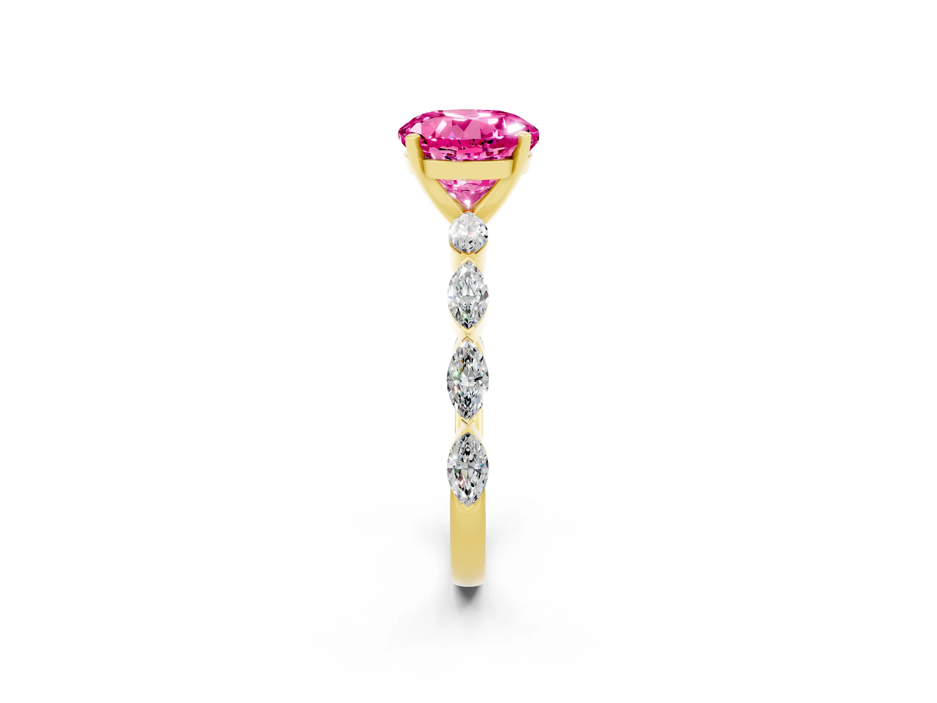 Yellow gold Round Cut Pink Sapphire Ring with Marquise Side Stones and Prong Setting_14