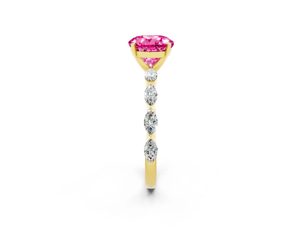 Yellow gold Round Cut Pink Sapphire Ring with Marquise Side Stones and Prong Setting