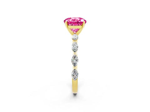 Yellow gold Round Cut Pink Sapphire Ring with Marquise Side Stones and Prong Setting_14