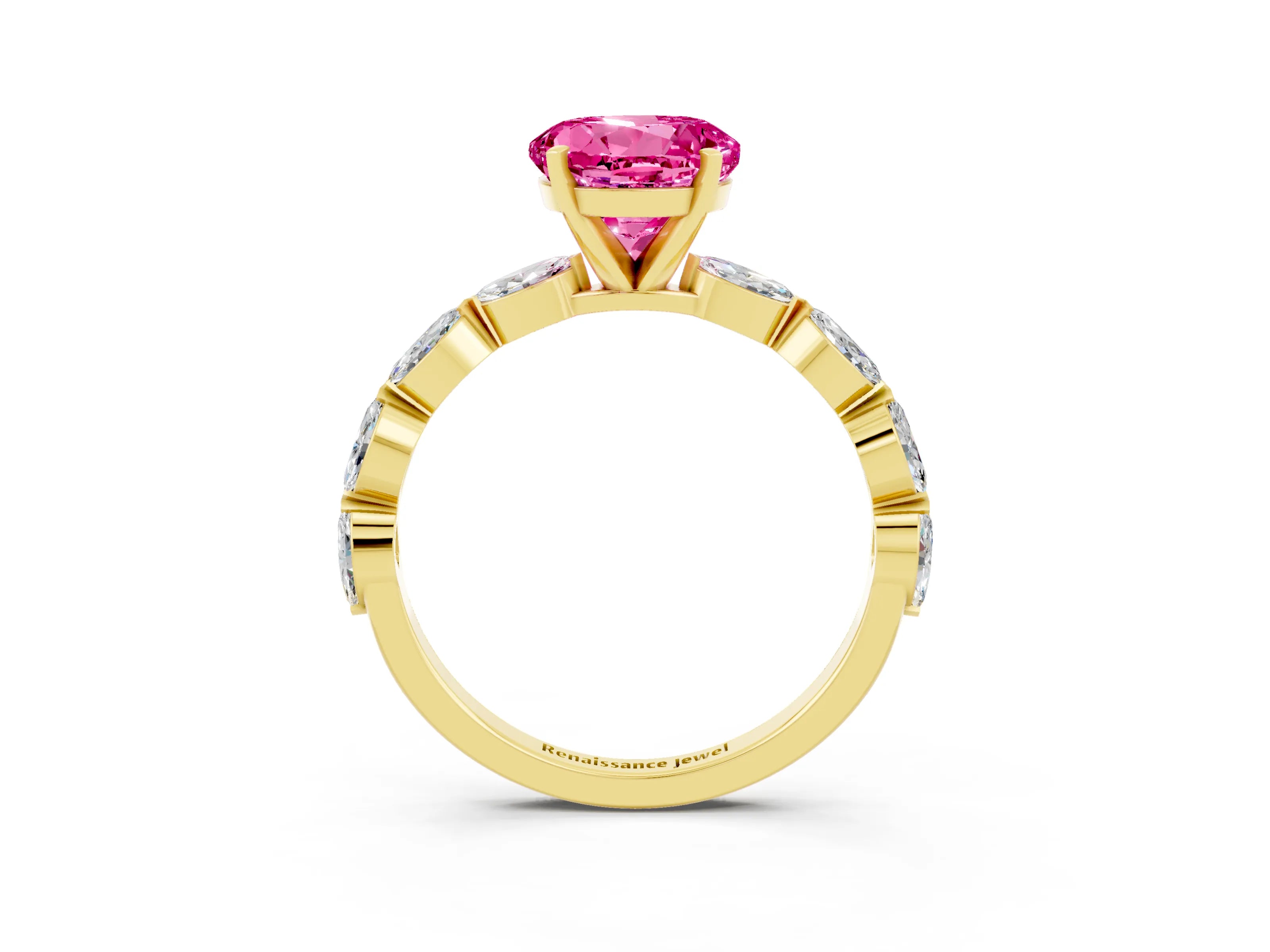 Yellow gold Round Cut Pink Sapphire Ring with Marquise Side Stones and Prong Setting_15