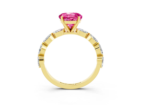 Yellow gold Round Cut Pink Sapphire Ring with Marquise Side Stones and Prong Setting