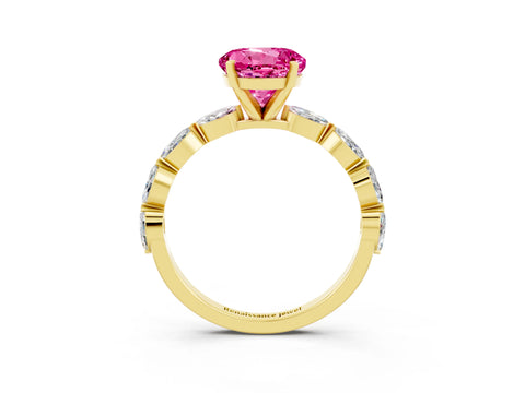 Yellow gold Round Cut Pink Sapphire Ring with Marquise Side Stones and Prong Setting_15