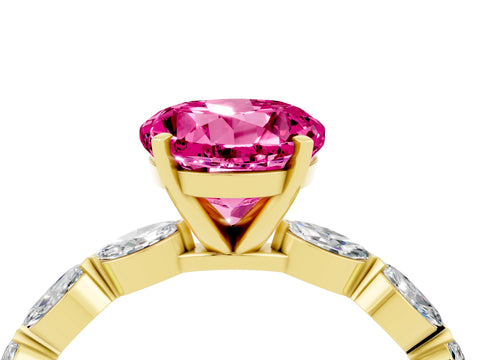 Yellow gold Round Cut Pink Sapphire Ring with Marquise Side Stones and Prong Setting_16