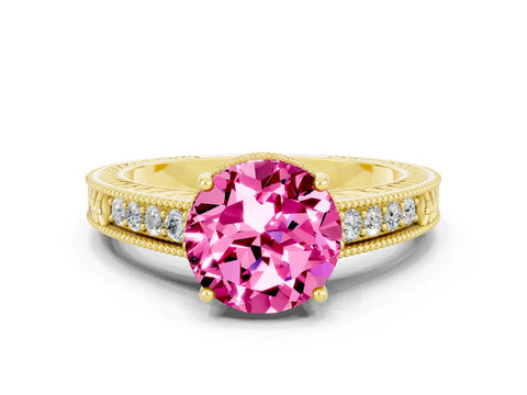 Yellow gold Round Cut Pink Sapphire Ring with Milgrain Pavé Band and Four-Prong Setting_36