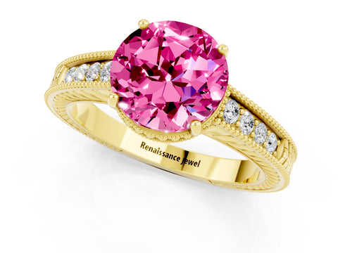 Yellow gold Round Cut Pink Sapphire Ring with Milgrain Pavé Band and Four-Prong Setting_37