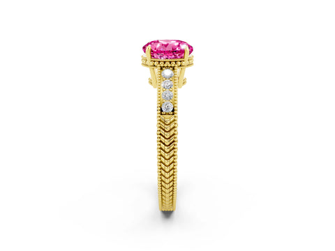 Yellow gold Round Cut Pink Sapphire Ring with Milgrain Pavé Band and Four-Prong Setting_38