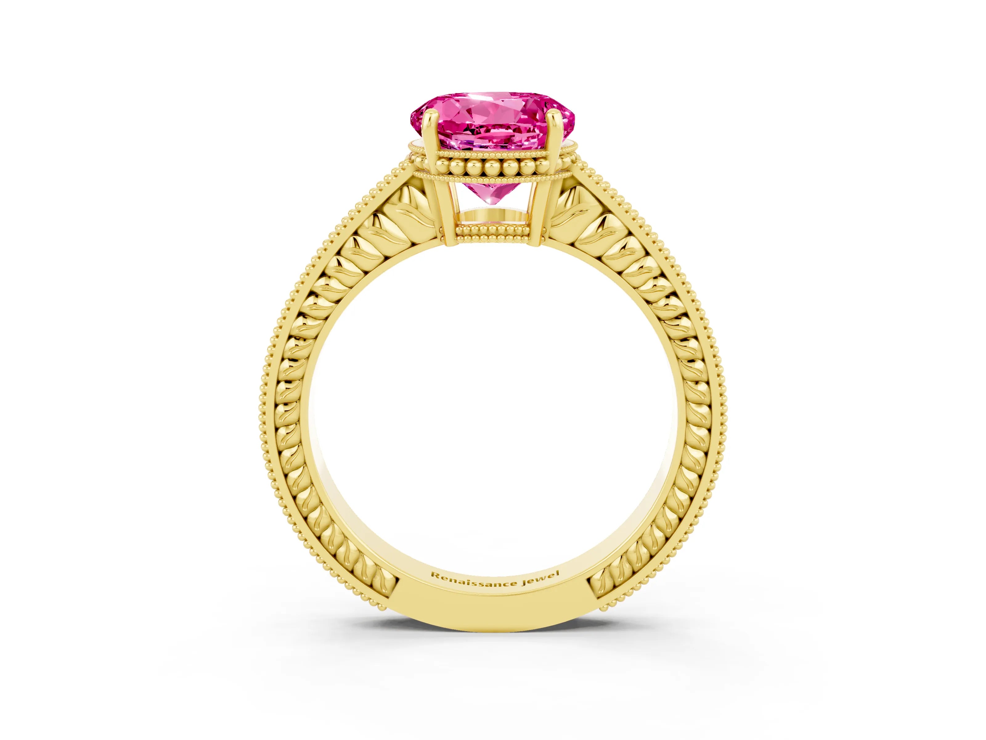 Yellow gold Round Cut Pink Sapphire Ring with Milgrain Pavé Band and Four-Prong Setting_39