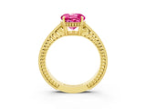 Yellow gold Round Cut Pink Sapphire Ring with Milgrain Pavé Band and Four-Prong Setting_39