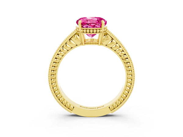 Yellow gold Round Cut Pink Sapphire Ring with Milgrain Pavé Band and Four-Prong Setting