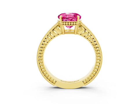 Yellow gold Round Cut Pink Sapphire Ring with Milgrain Pavé Band and Four-Prong Setting_39