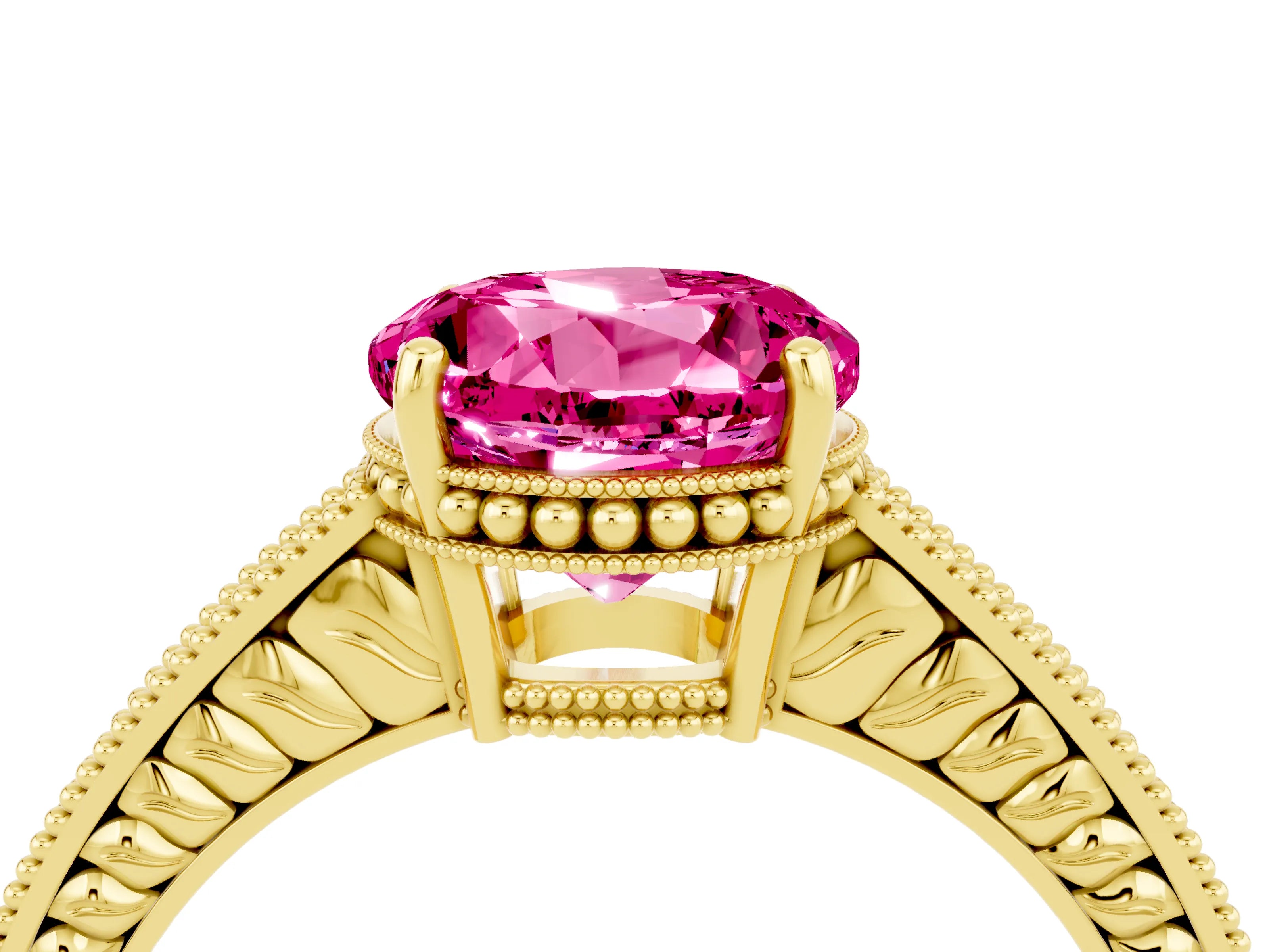 Yellow gold Round Cut Pink Sapphire Ring with Milgrain Pavé Band and Four-Prong Setting_40