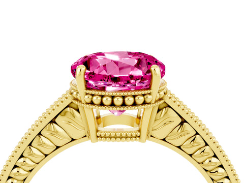 Yellow gold Round Cut Pink Sapphire Ring with Milgrain Pavé Band and Four-Prong Setting_40