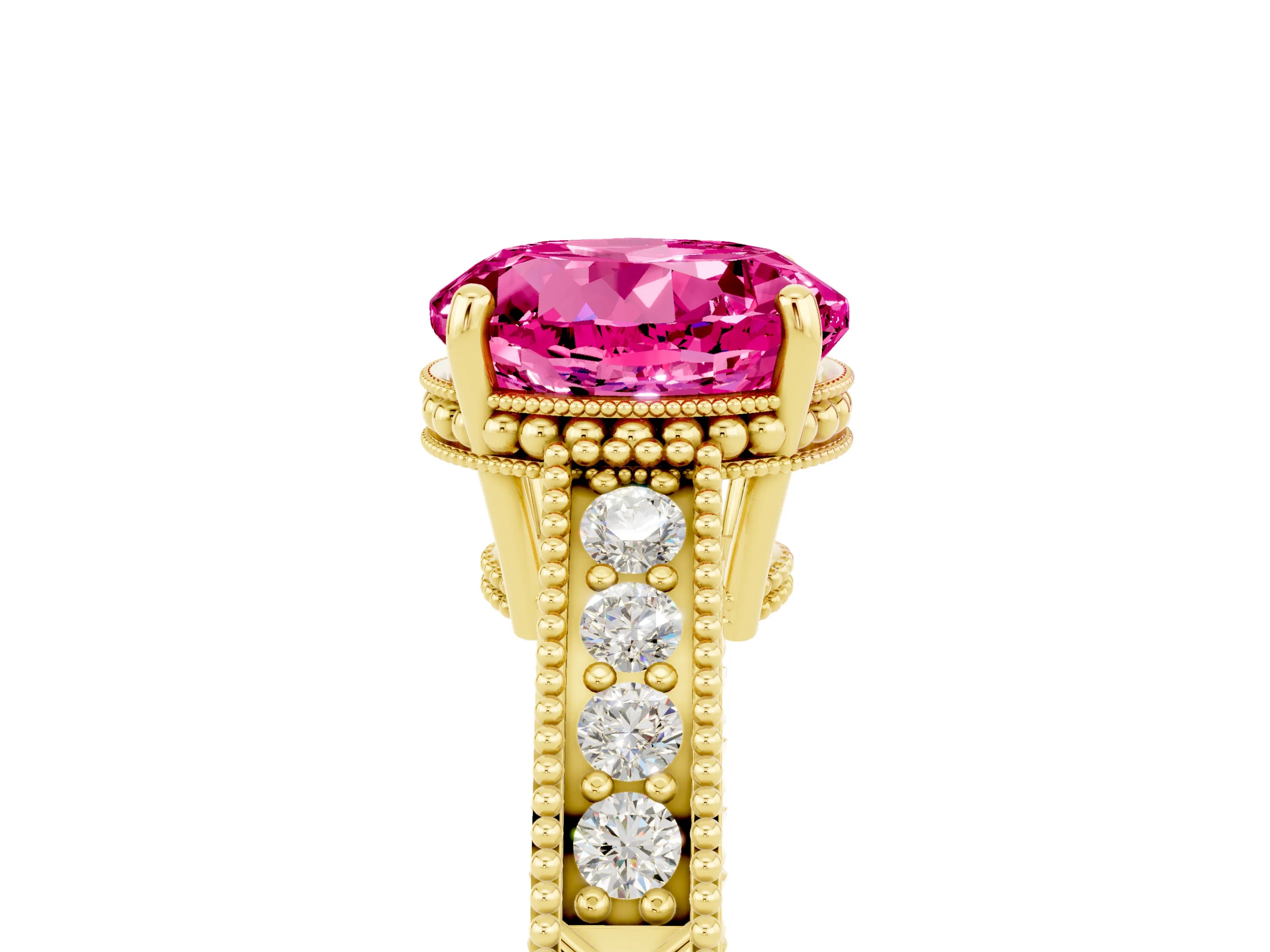 Yellow gold Round Cut Pink Sapphire Ring with Milgrain Pavé Band and Four-Prong Setting_41