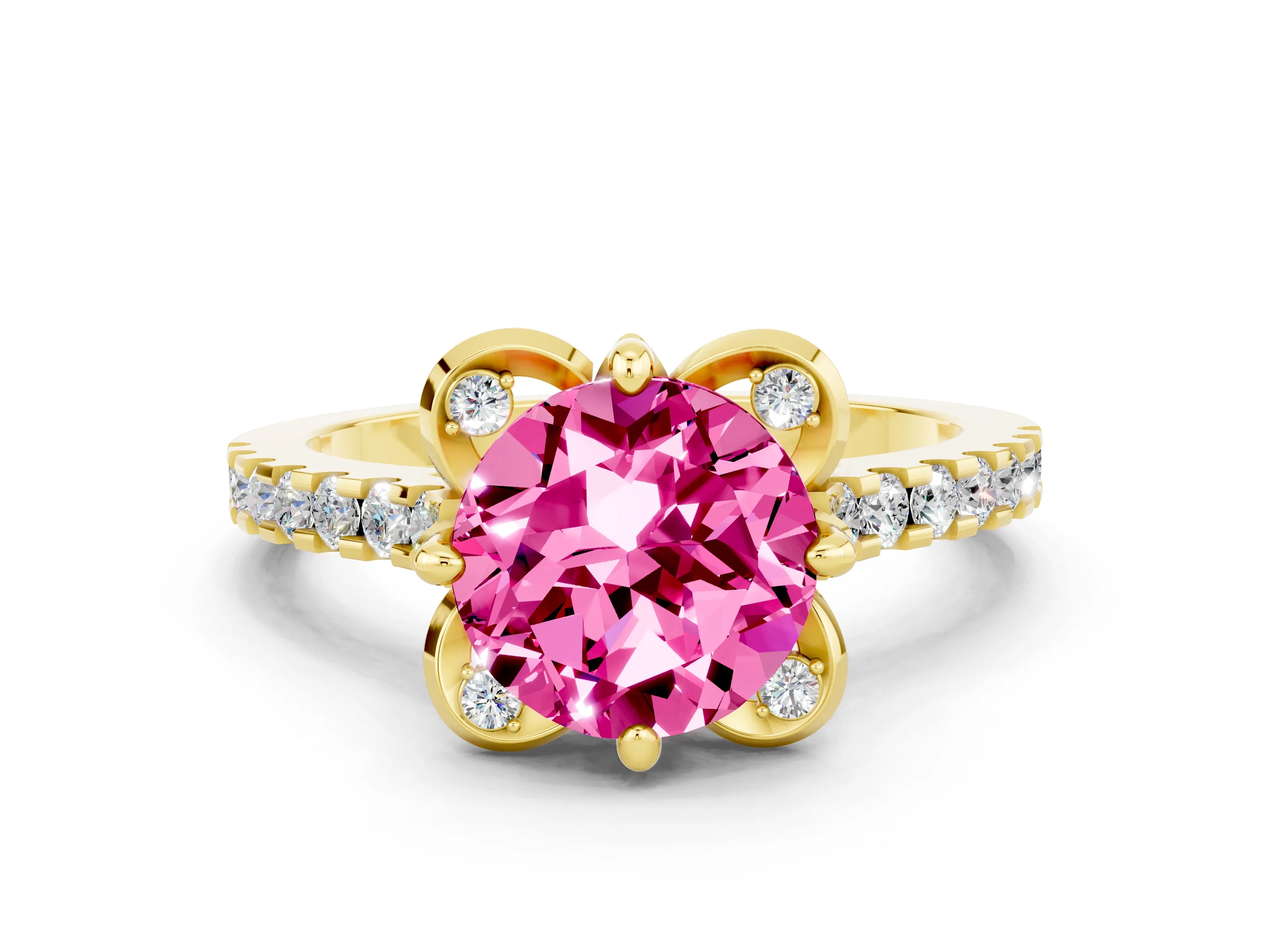 Yellow gold Round Cut Pink Sapphire Ring with Pavé Band and Floral Prong Setting