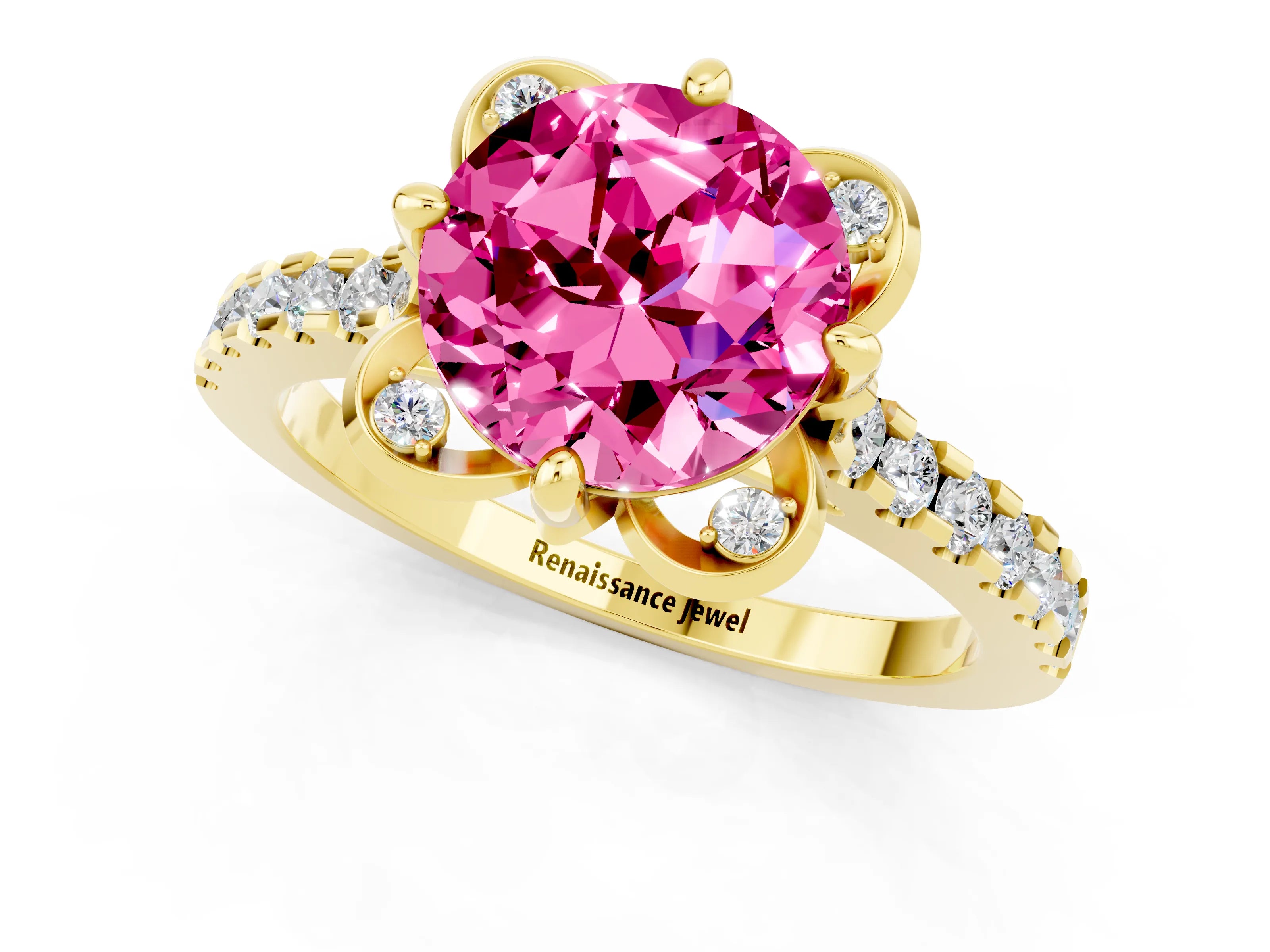 Yellow gold Round Cut Pink Sapphire Ring with Pavé Band and Floral Prong Setting_1