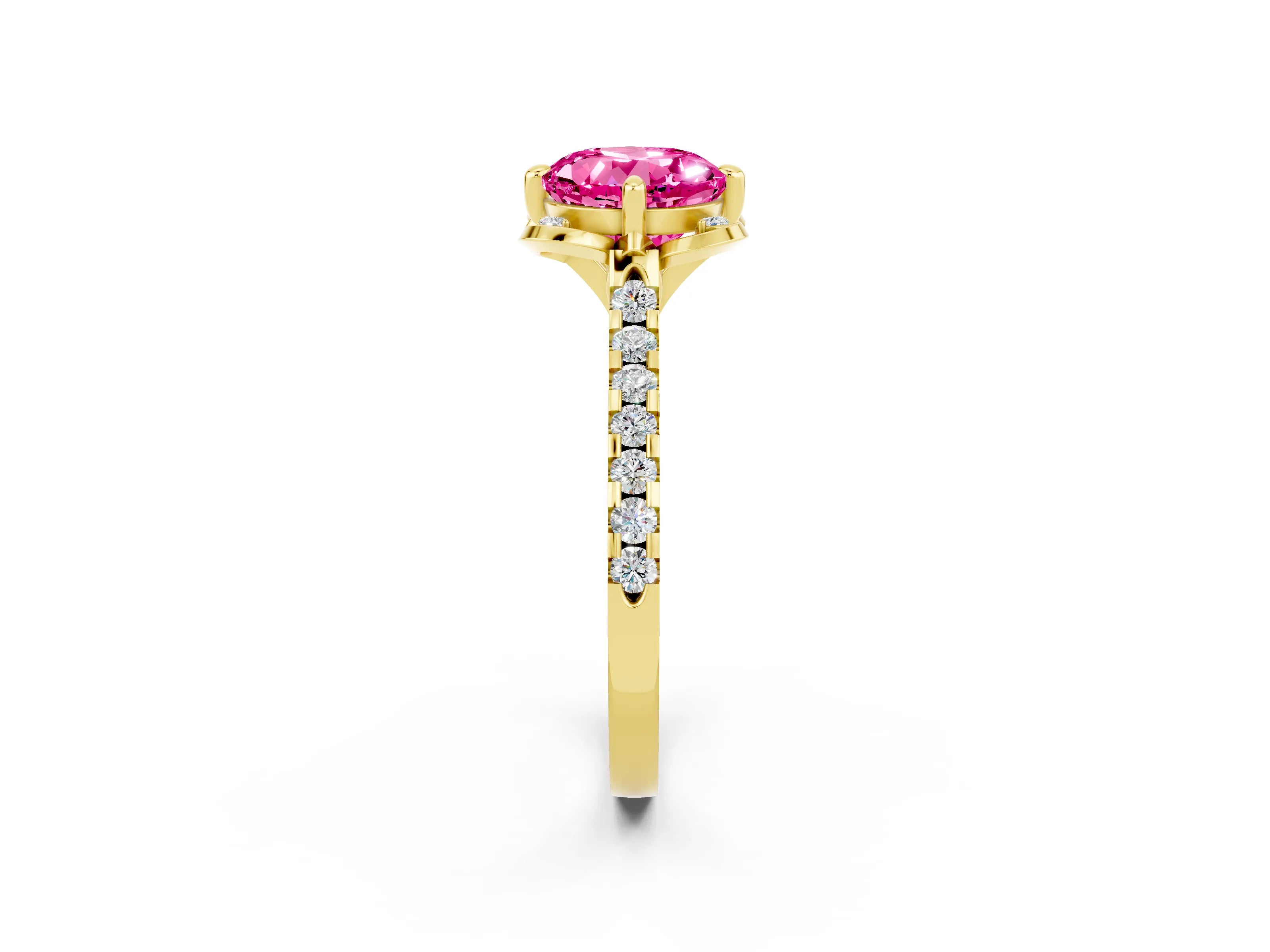 Yellow gold Round Cut Pink Sapphire Ring with Pavé Band and Floral Prong Setting_2