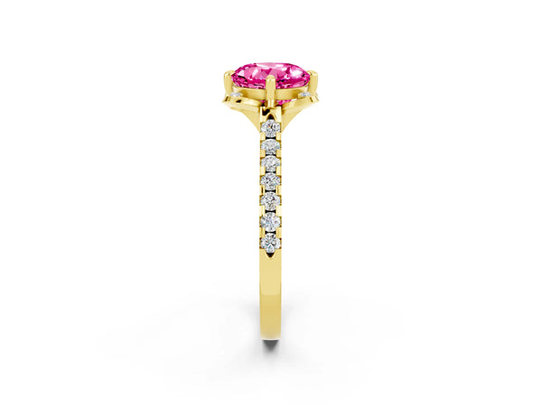 Yellow gold Round Cut Pink Sapphire Ring with Pavé Band and Floral Prong Setting