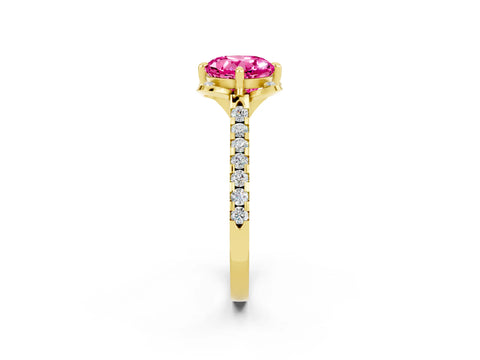 Yellow gold Round Cut Pink Sapphire Ring with Pavé Band and Floral Prong Setting_2