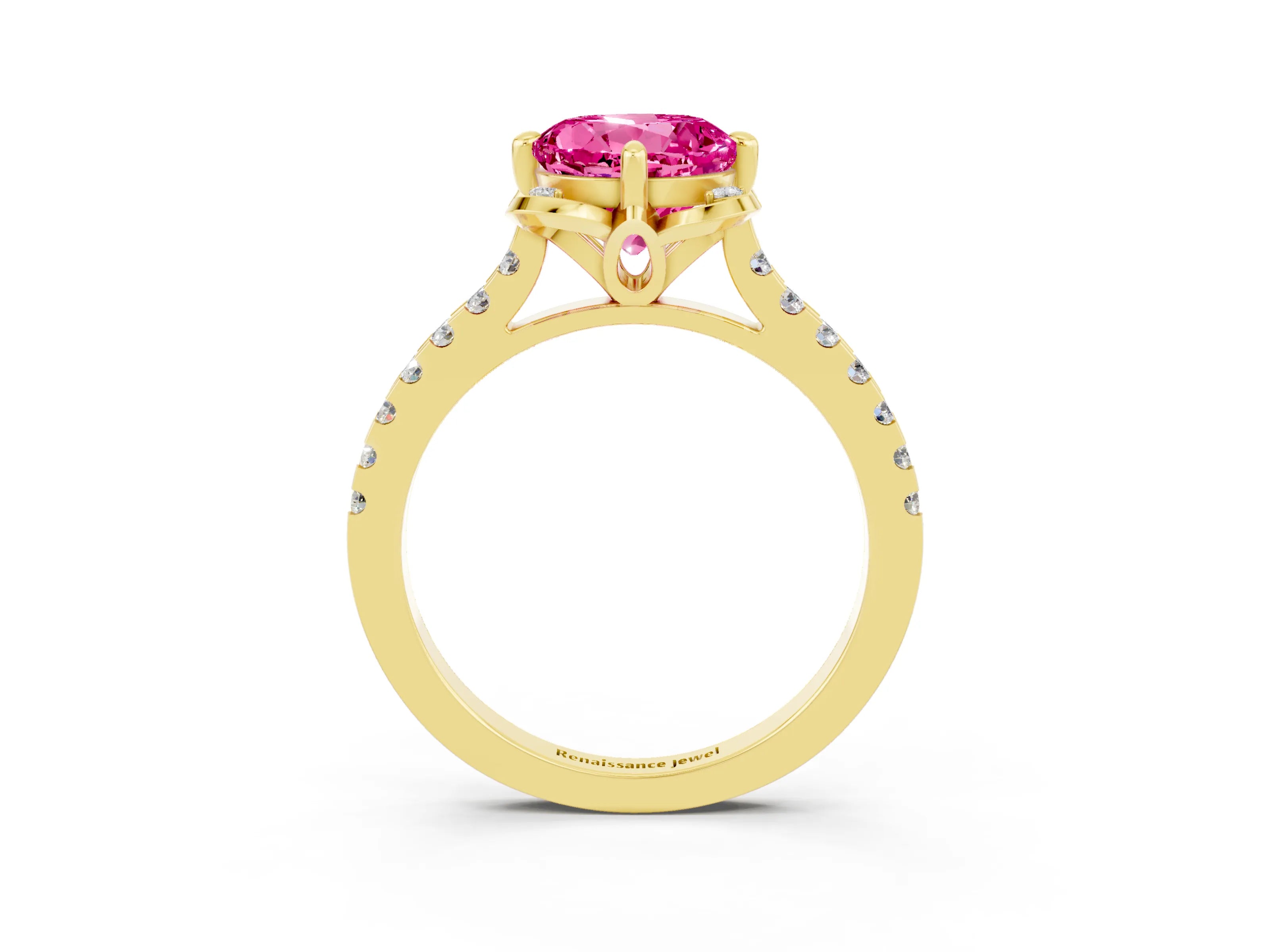 Yellow gold Round Cut Pink Sapphire Ring with Pavé Band and Floral Prong Setting_3