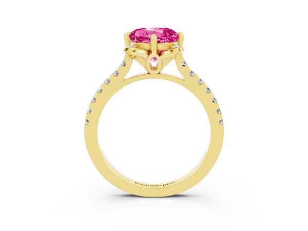 Yellow gold Round Cut Pink Sapphire Ring with Pavé Band and Floral Prong Setting