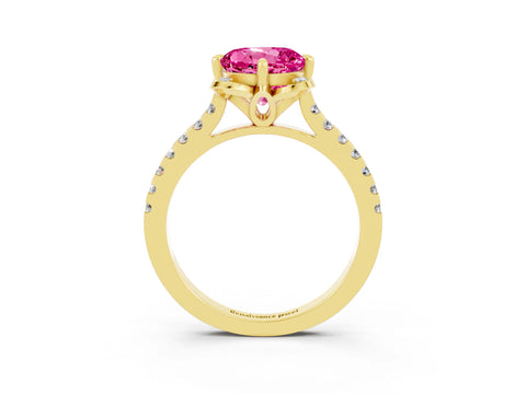Yellow gold Round Cut Pink Sapphire Ring with Pavé Band and Floral Prong Setting_3
