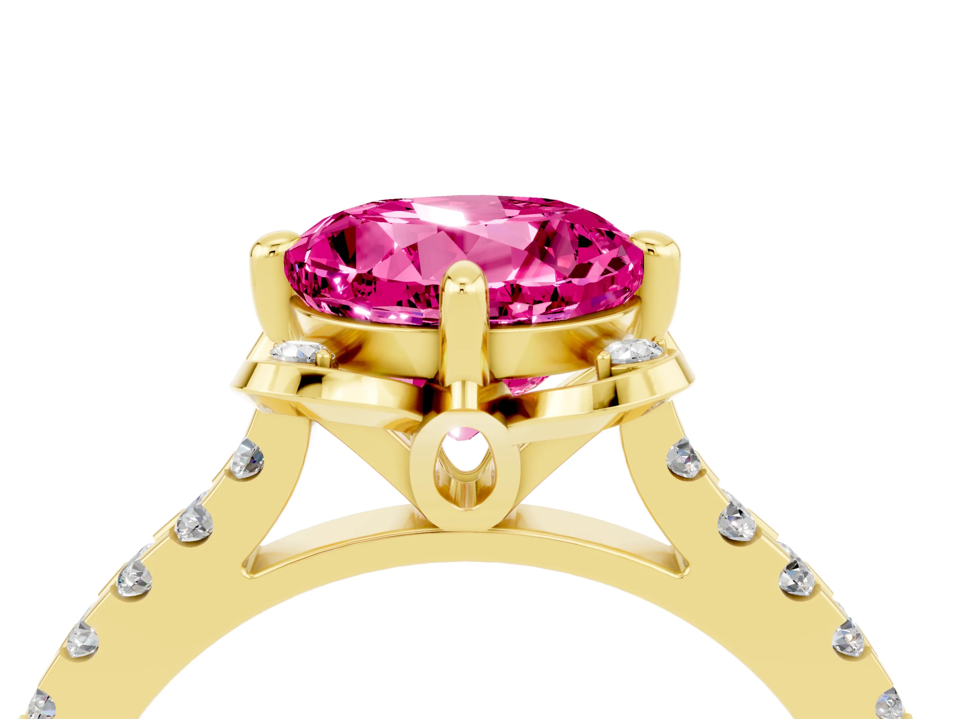 Yellow gold Round Cut Pink Sapphire Ring with Pavé Band and Floral Prong Setting_4